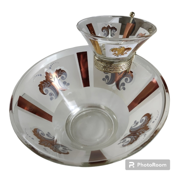 Vintage Anchor Hocking Festive Pattern 22k Gold/White Chip & Dip Set MCM - Picture 14 of 15